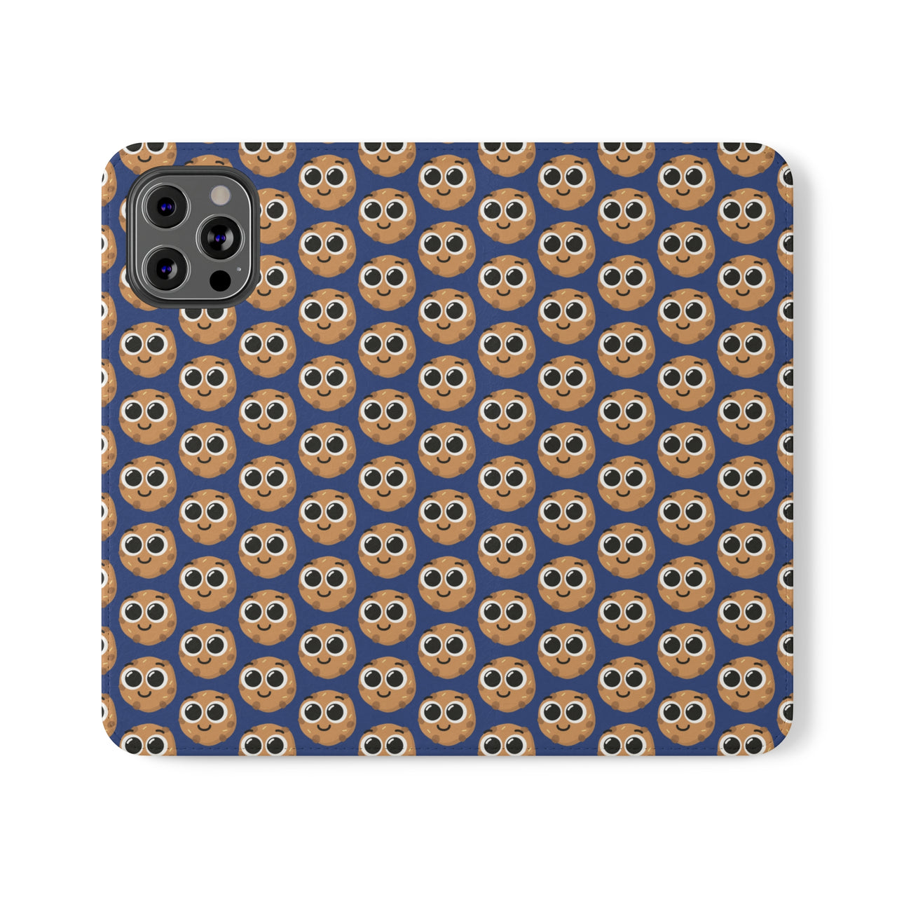 Close-up of the ChocoChip Delight Flip Phone Case featuring a cute repeating pattern of cartoon-style cookies with large eyes on a blue background, crafted from premium faux vegan leather, with interior card slots and an elastic closure.