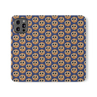 Thumbnail for Close-up of the ChocoChip Delight Flip Phone Case featuring a cute repeating pattern of cartoon-style cookies with large eyes on a blue background, crafted from premium faux vegan leather, with interior card slots and an elastic closure.