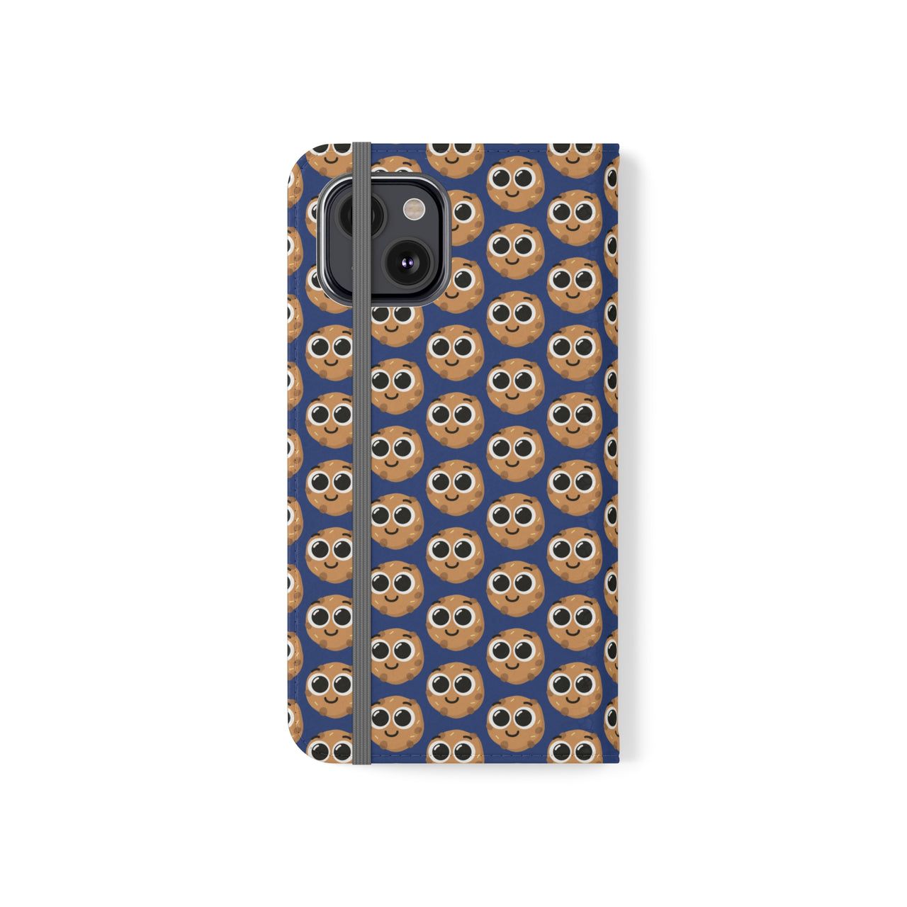 Close-up of the ChocoChip Delight Flip Phone Case featuring a cute repeating pattern of cartoon-style cookies with large eyes on a blue background, crafted from premium faux vegan leather, with interior card slots and an elastic closure.