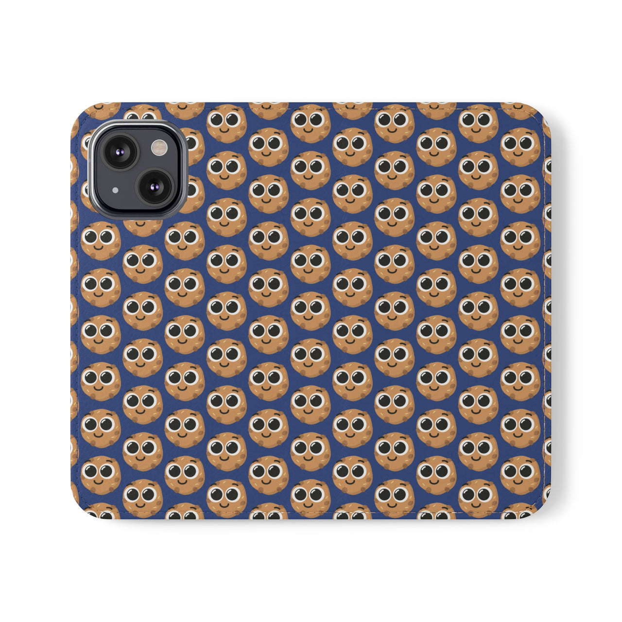 Close-up of the ChocoChip Delight Flip Phone Case featuring a cute repeating pattern of cartoon-style cookies with large eyes on a blue background, crafted from premium faux vegan leather, with interior card slots and an elastic closure.