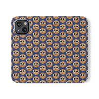 Thumbnail for Close-up of the ChocoChip Delight Flip Phone Case featuring a cute repeating pattern of cartoon-style cookies with large eyes on a blue background, crafted from premium faux vegan leather, with interior card slots and an elastic closure.