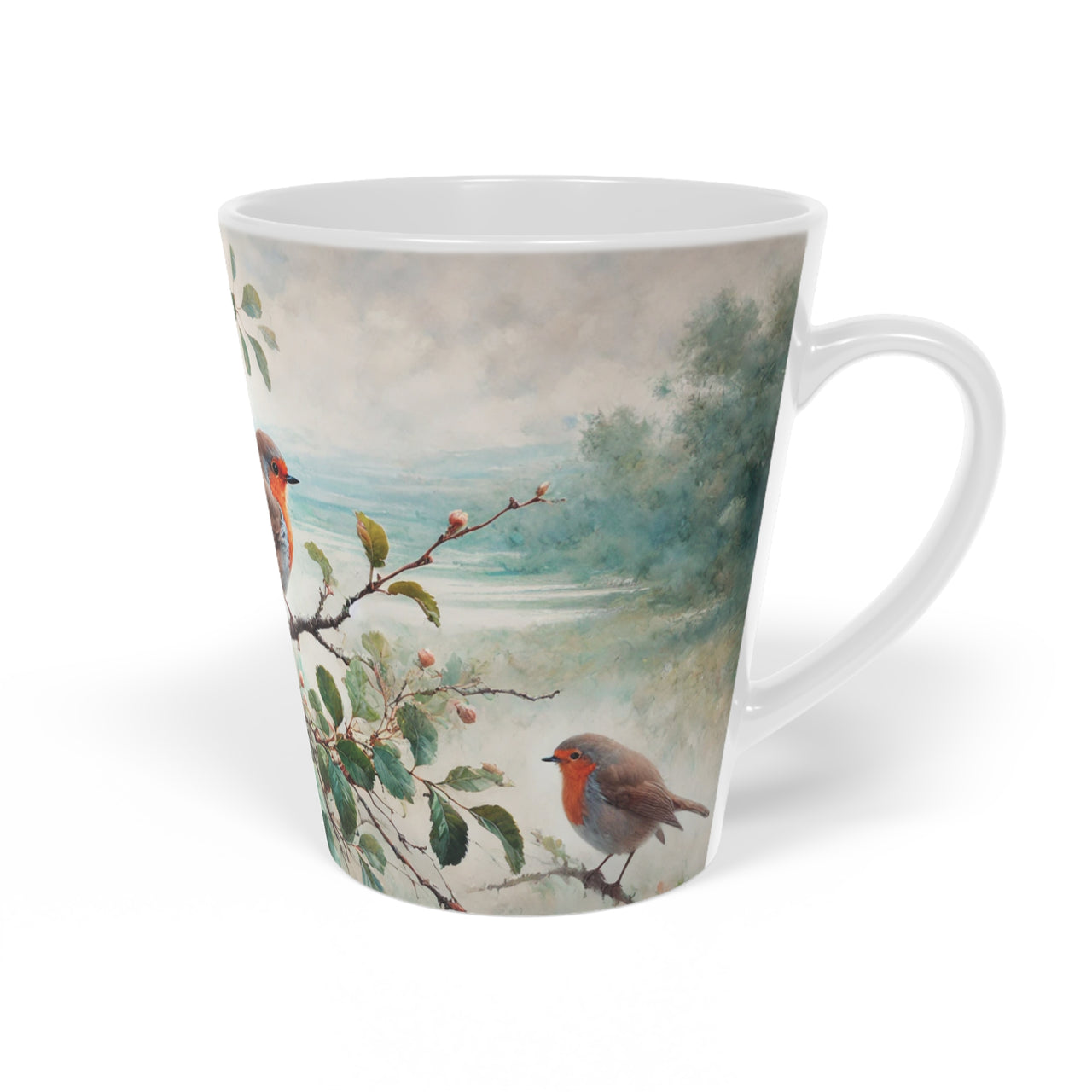 Ceramic mug featuring an illustration of three red robin birds perched on a branch surrounded by foliage, designed for bird lovers and nature enthusiasts, with a detailed, nature-inspired artwork.