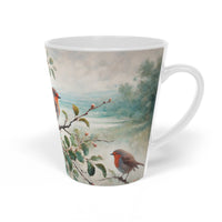 Thumbnail for Ceramic mug featuring an illustration of three red robin birds perched on a branch surrounded by foliage, designed for bird lovers and nature enthusiasts, with a detailed, nature-inspired artwork.