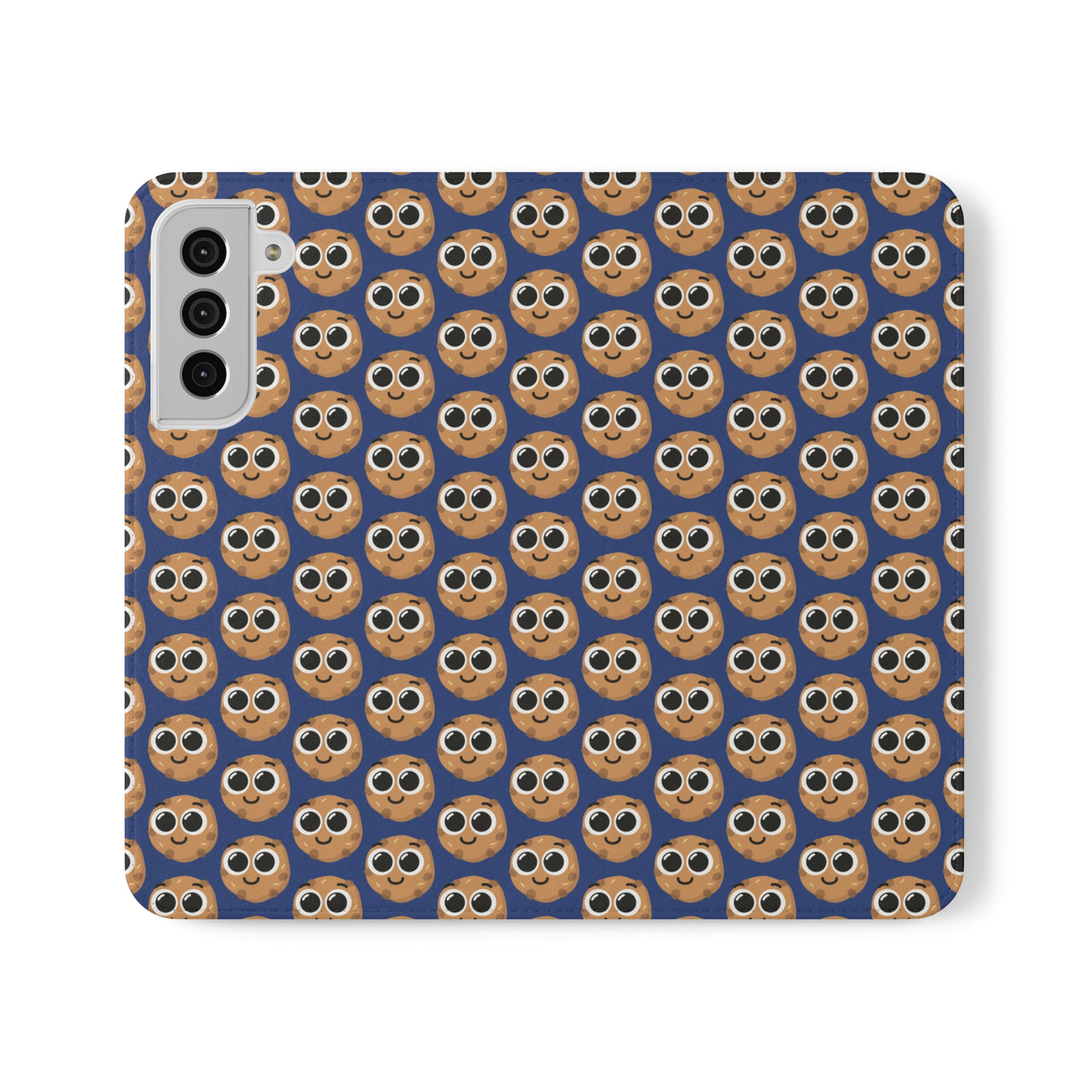 Close-up of the ChocoChip Delight Flip Phone Case featuring a cute repeating pattern of cartoon-style cookies with large eyes on a blue background, crafted from premium faux vegan leather, with interior card slots and an elastic closure.