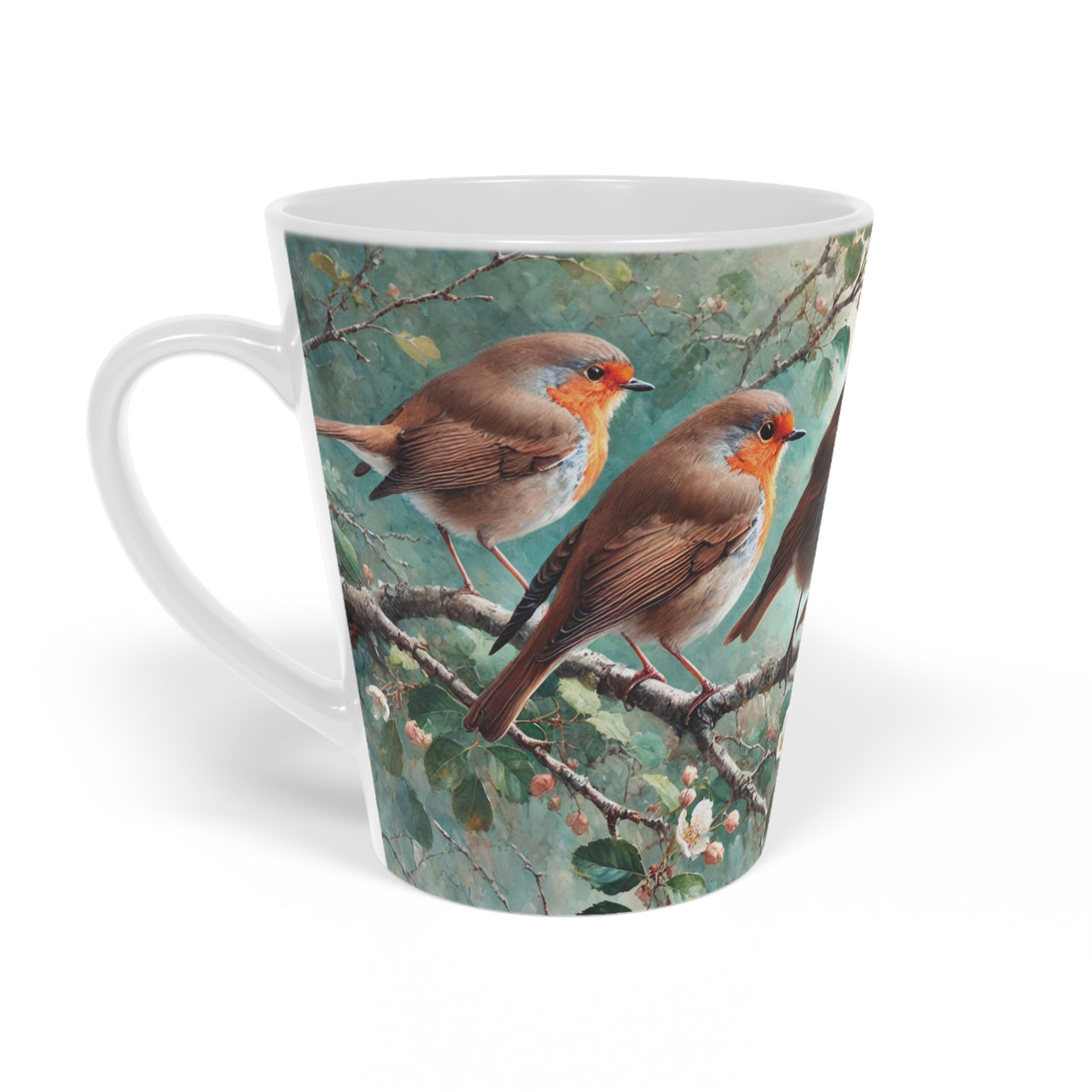 Ceramic mug featuring an illustration of three red robin birds perched on a branch surrounded by foliage, designed for bird lovers and nature enthusiasts, with a detailed, nature-inspired artwork.