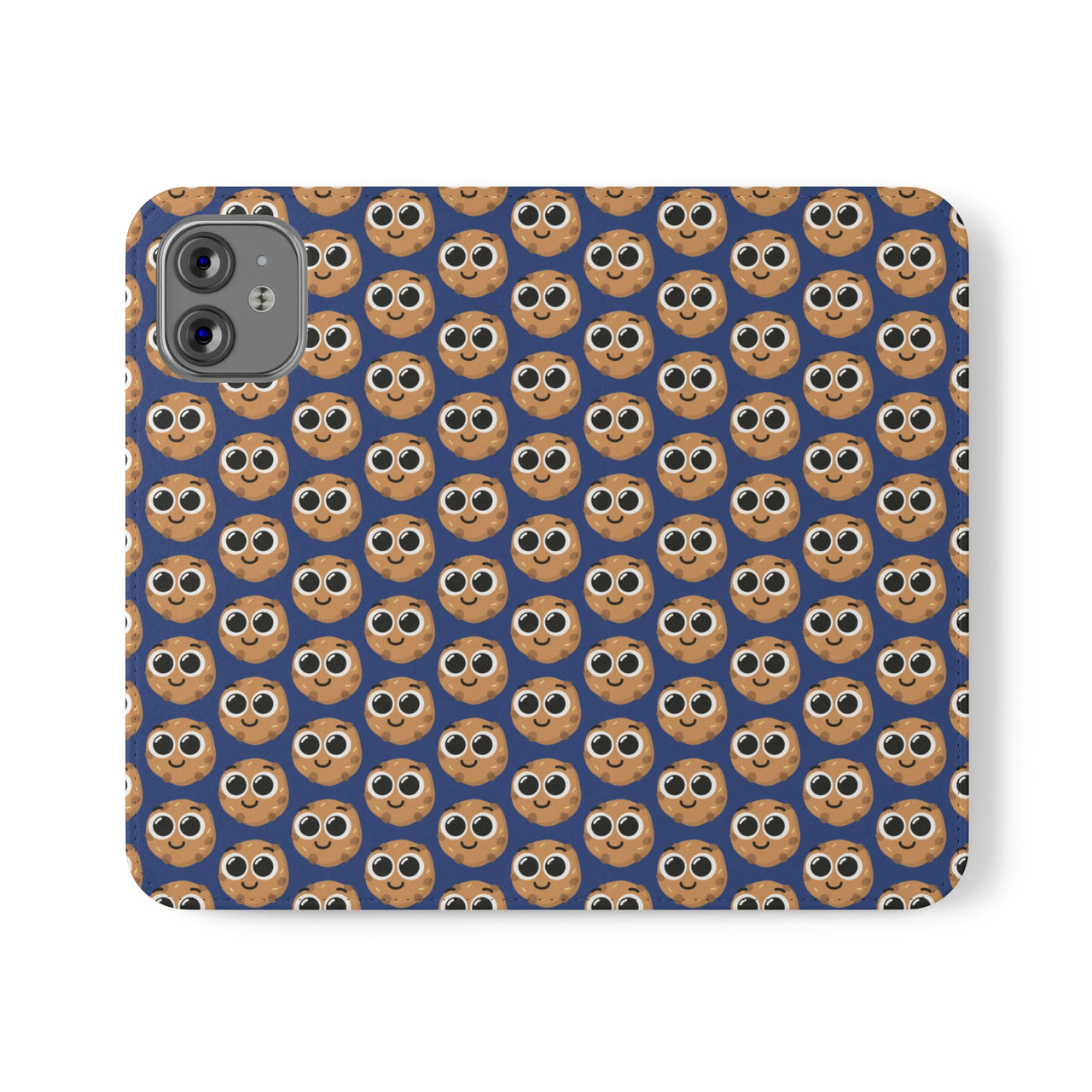 Close-up of the ChocoChip Delight Flip Phone Case featuring a cute repeating pattern of cartoon-style cookies with large eyes on a blue background, crafted from premium faux vegan leather, with interior card slots and an elastic closure.