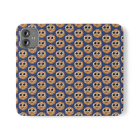 Thumbnail for Close-up of the ChocoChip Delight Flip Phone Case featuring a cute repeating pattern of cartoon-style cookies with large eyes on a blue background, crafted from premium faux vegan leather, with interior card slots and an elastic closure.