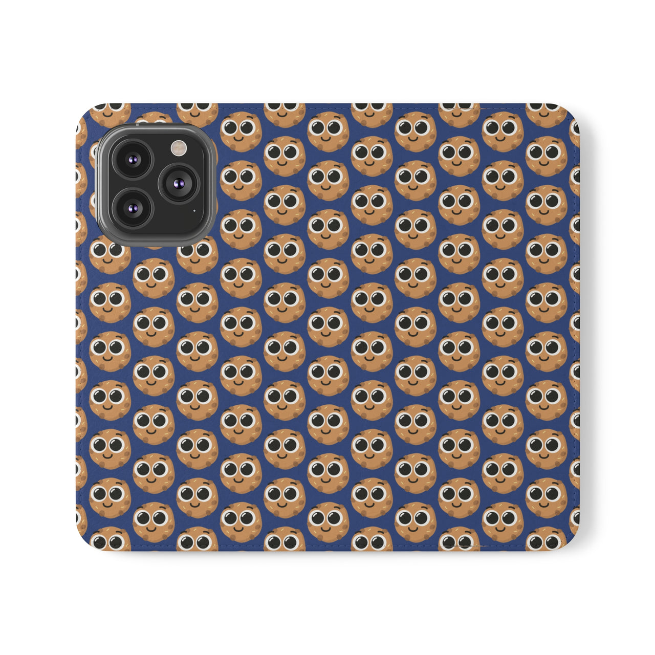 Close-up of the ChocoChip Delight Flip Phone Case featuring a cute repeating pattern of cartoon-style cookies with large eyes on a blue background, crafted from premium faux vegan leather, with interior card slots and an elastic closure.