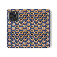 Thumbnail for Close-up of the ChocoChip Delight Flip Phone Case featuring a cute repeating pattern of cartoon-style cookies with large eyes on a blue background, crafted from premium faux vegan leather, with interior card slots and an elastic closure.