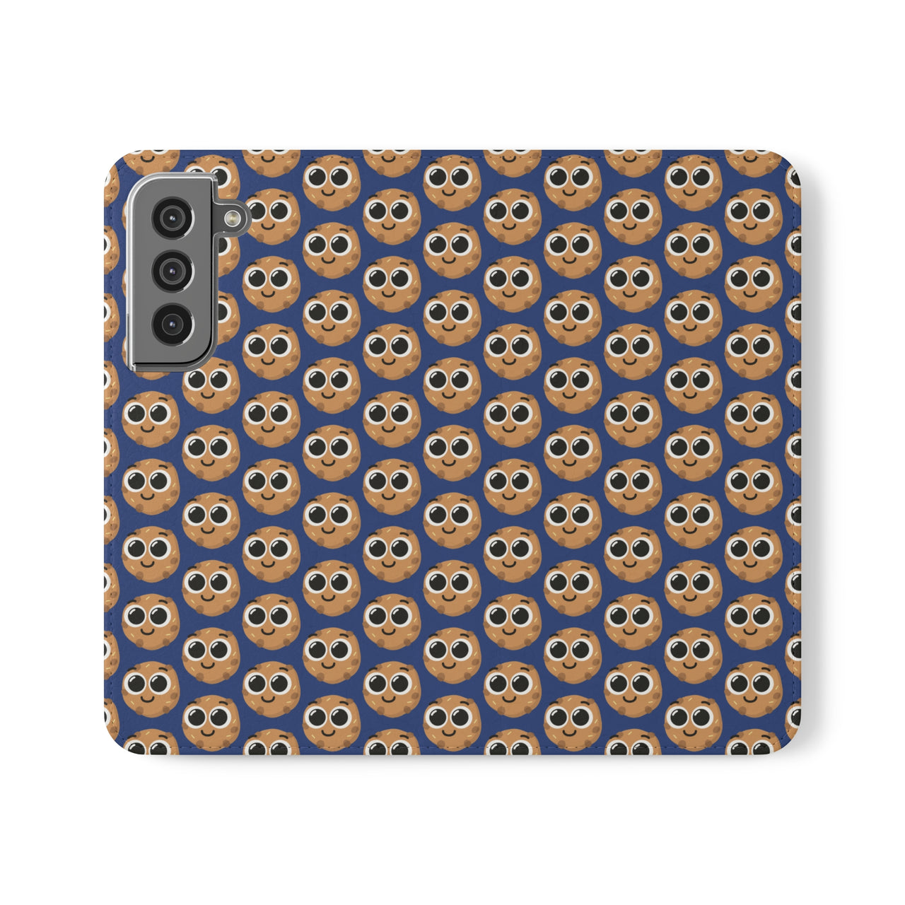 Close-up of the ChocoChip Delight Flip Phone Case featuring a cute repeating pattern of cartoon-style cookies with large eyes on a blue background, crafted from premium faux vegan leather, with interior card slots and an elastic closure.