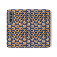 Thumbnail for Close-up of the ChocoChip Delight Flip Phone Case featuring a cute repeating pattern of cartoon-style cookies with large eyes on a blue background, crafted from premium faux vegan leather, with interior card slots and an elastic closure.