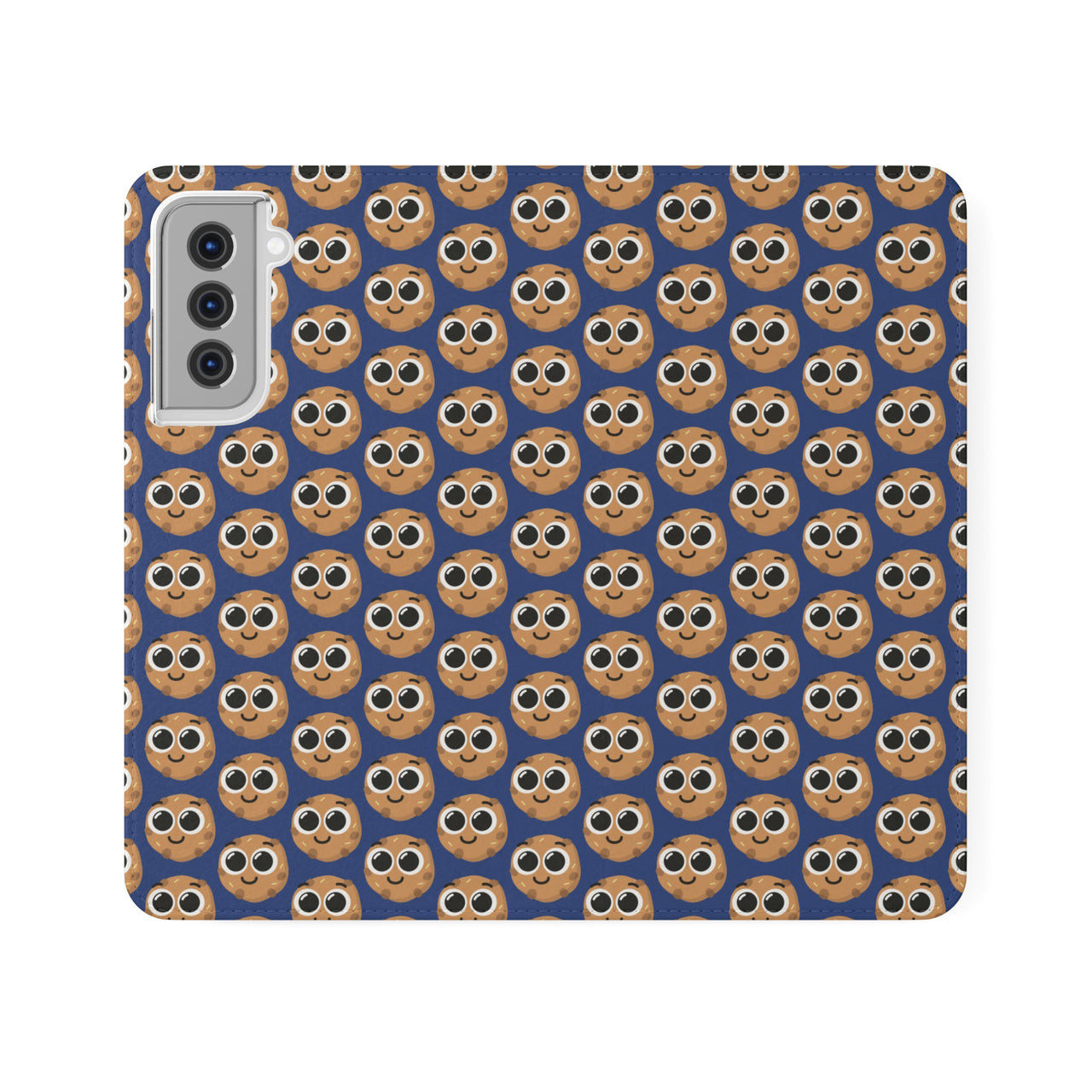 Close-up of the ChocoChip Delight Flip Phone Case featuring a cute repeating pattern of cartoon-style cookies with large eyes on a blue background, crafted from premium faux vegan leather, with interior card slots and an elastic closure.