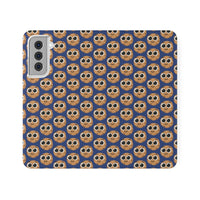 Thumbnail for Close-up of the ChocoChip Delight Flip Phone Case featuring a cute repeating pattern of cartoon-style cookies with large eyes on a blue background, crafted from premium faux vegan leather, with interior card slots and an elastic closure.