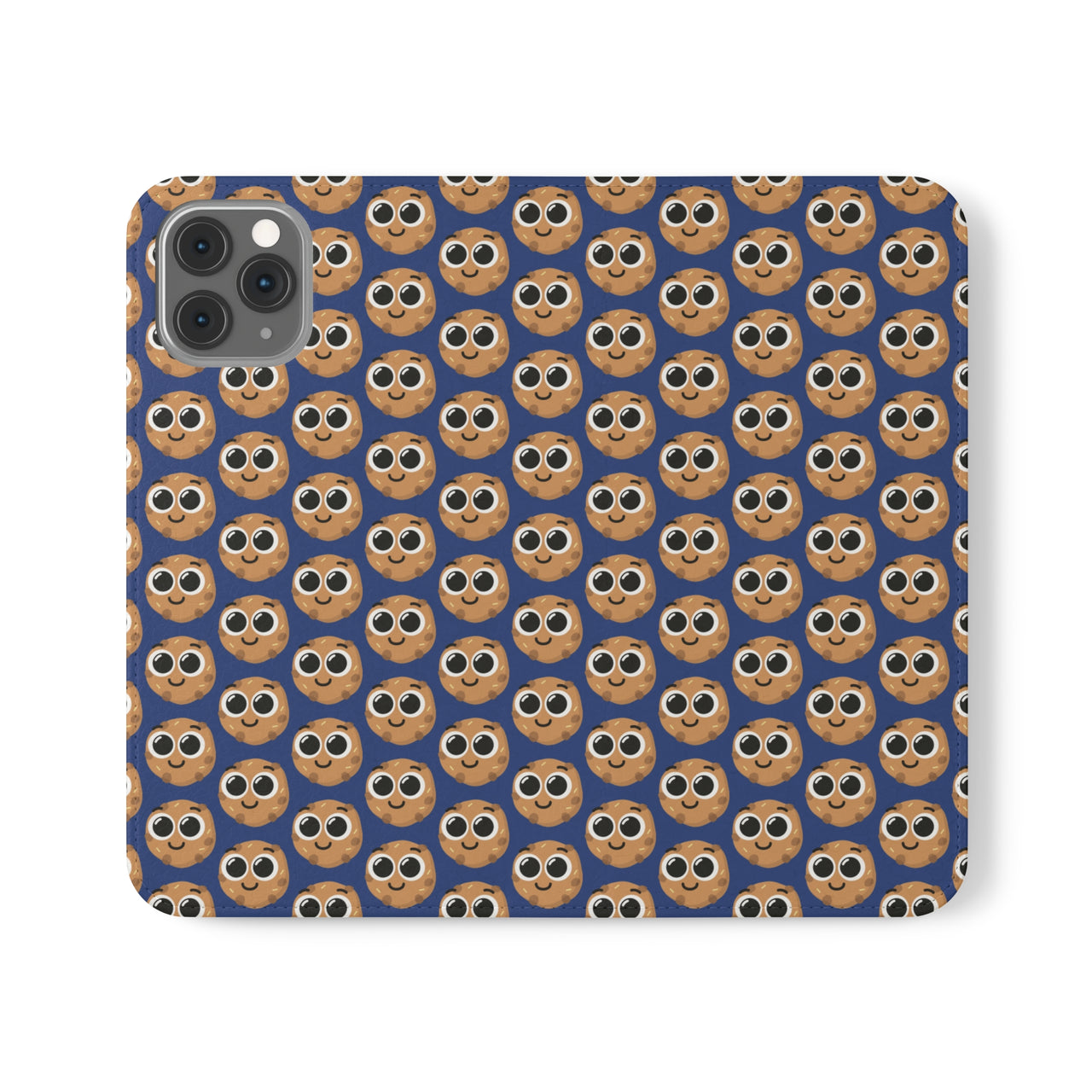 Close-up of the ChocoChip Delight Flip Phone Case featuring a cute repeating pattern of cartoon-style cookies with large eyes on a blue background, crafted from premium faux vegan leather, with interior card slots and an elastic closure.