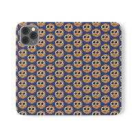 Thumbnail for Close-up of the ChocoChip Delight Flip Phone Case featuring a cute repeating pattern of cartoon-style cookies with large eyes on a blue background, crafted from premium faux vegan leather, with interior card slots and an elastic closure.