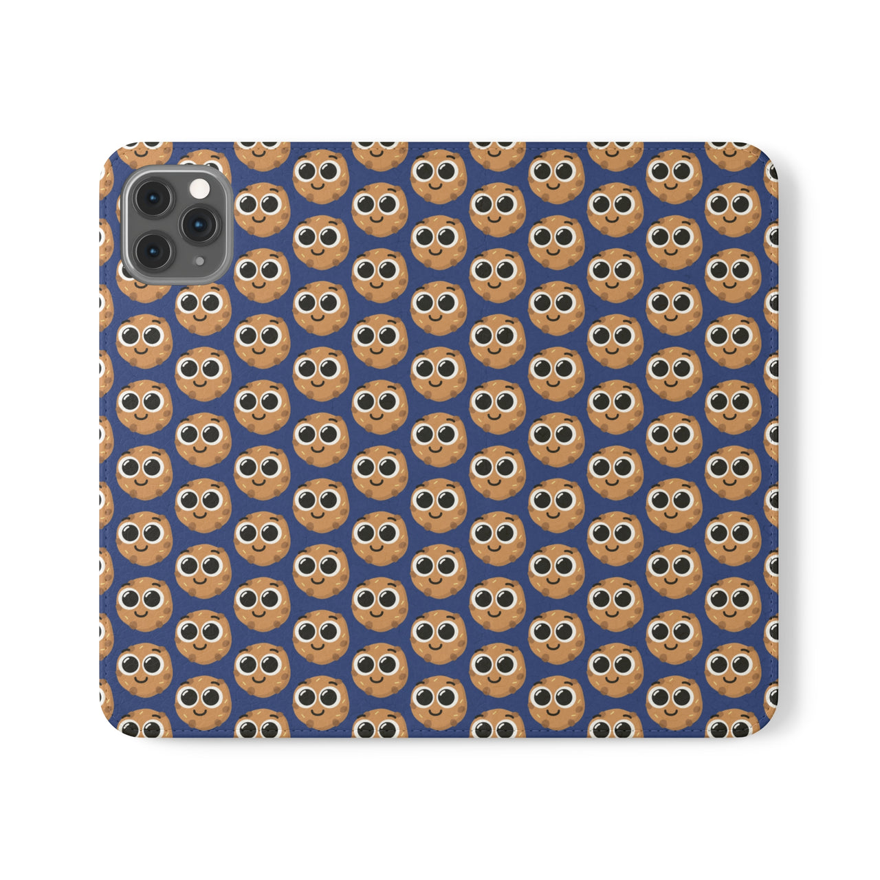 Close-up of the ChocoChip Delight Flip Phone Case featuring a cute repeating pattern of cartoon-style cookies with large eyes on a blue background, crafted from premium faux vegan leather, with interior card slots and an elastic closure.