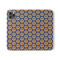 Thumbnail for Close-up of the ChocoChip Delight Flip Phone Case featuring a cute repeating pattern of cartoon-style cookies with large eyes on a blue background, crafted from premium faux vegan leather, with interior card slots and an elastic closure.