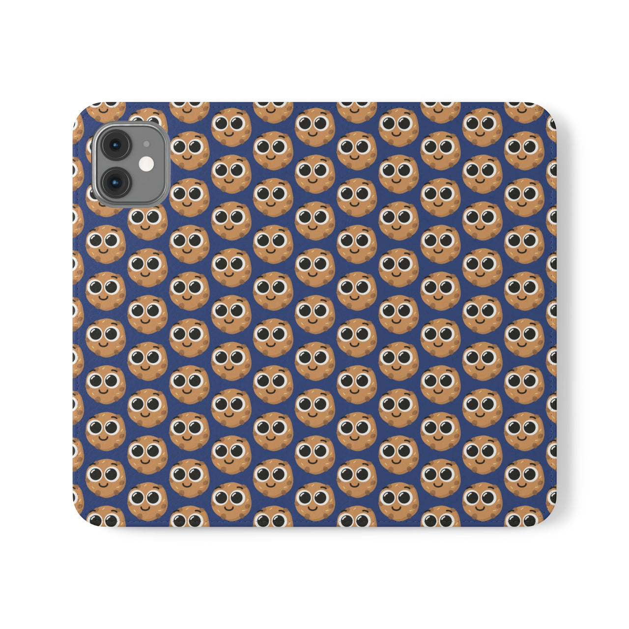 Close-up of the ChocoChip Delight Flip Phone Case featuring a cute repeating pattern of cartoon-style cookies with large eyes on a blue background, crafted from premium faux vegan leather, with interior card slots and an elastic closure.