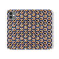 Thumbnail for Close-up of the ChocoChip Delight Flip Phone Case featuring a cute repeating pattern of cartoon-style cookies with large eyes on a blue background, crafted from premium faux vegan leather, with interior card slots and an elastic closure.