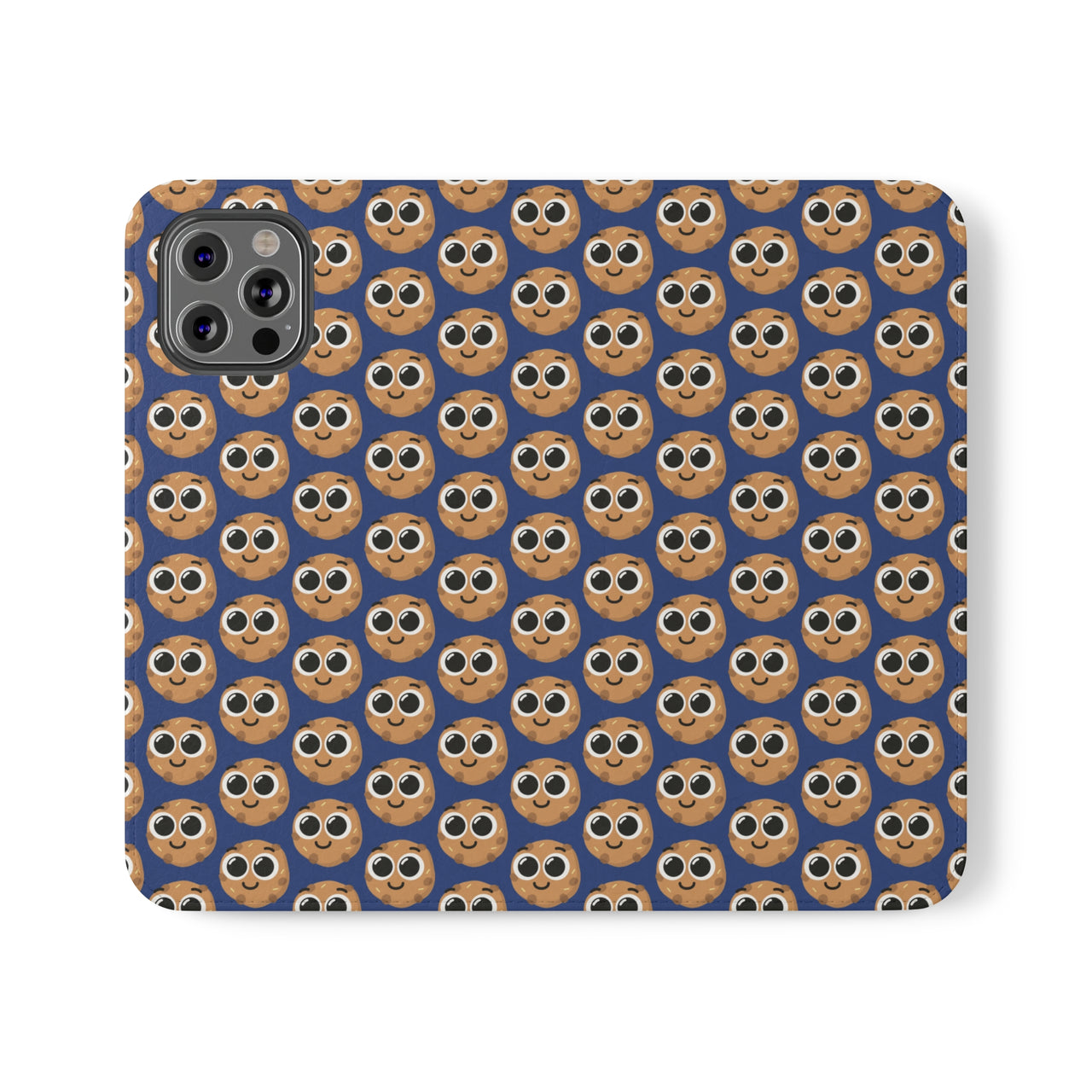 Close-up of the ChocoChip Delight Flip Phone Case featuring a cute repeating pattern of cartoon-style cookies with large eyes on a blue background, crafted from premium faux vegan leather, with interior card slots and an elastic closure.