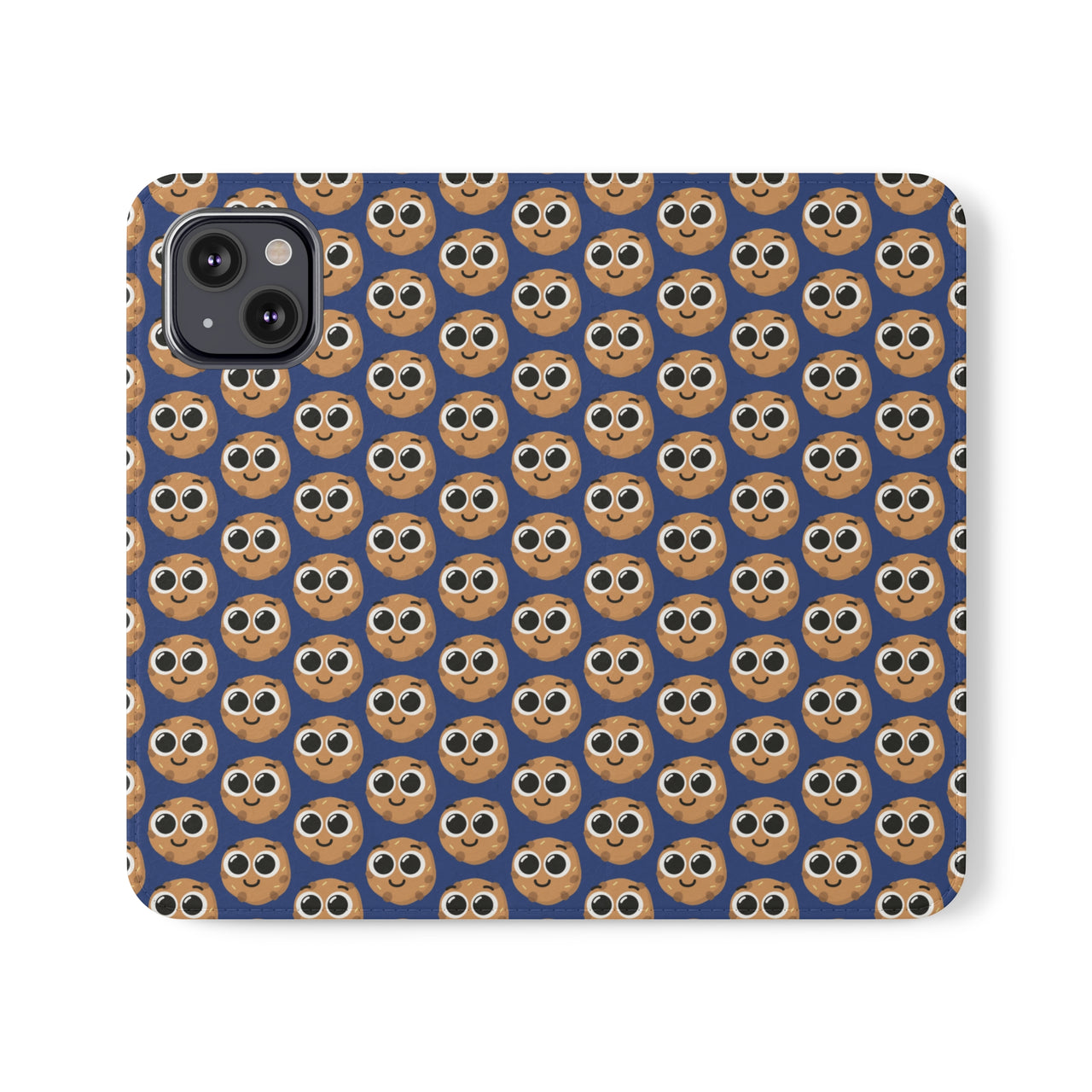 Close-up of the ChocoChip Delight Flip Phone Case featuring a cute repeating pattern of cartoon-style cookies with large eyes on a blue background, crafted from premium faux vegan leather, with interior card slots and an elastic closure.