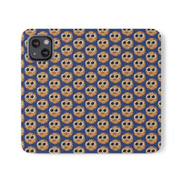 Thumbnail for Close-up of the ChocoChip Delight Flip Phone Case featuring a cute repeating pattern of cartoon-style cookies with large eyes on a blue background, crafted from premium faux vegan leather, with interior card slots and an elastic closure.