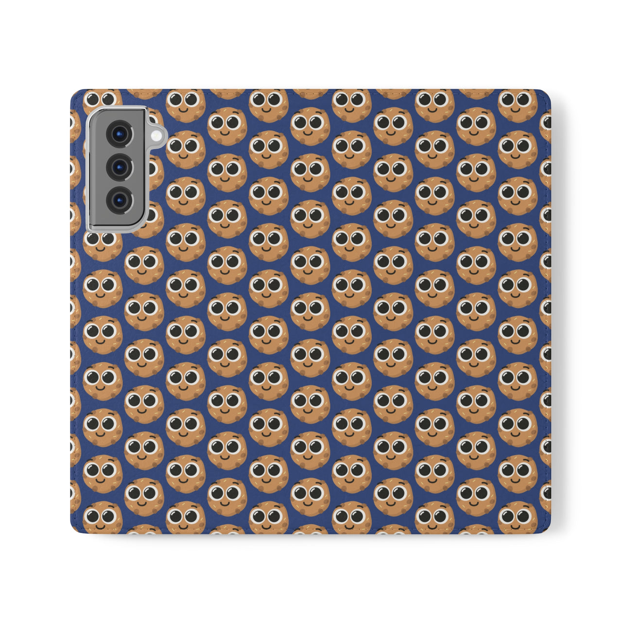 Close-up of the ChocoChip Delight Flip Phone Case featuring a cute repeating pattern of cartoon-style cookies with large eyes on a blue background, crafted from premium faux vegan leather, with interior card slots and an elastic closure.