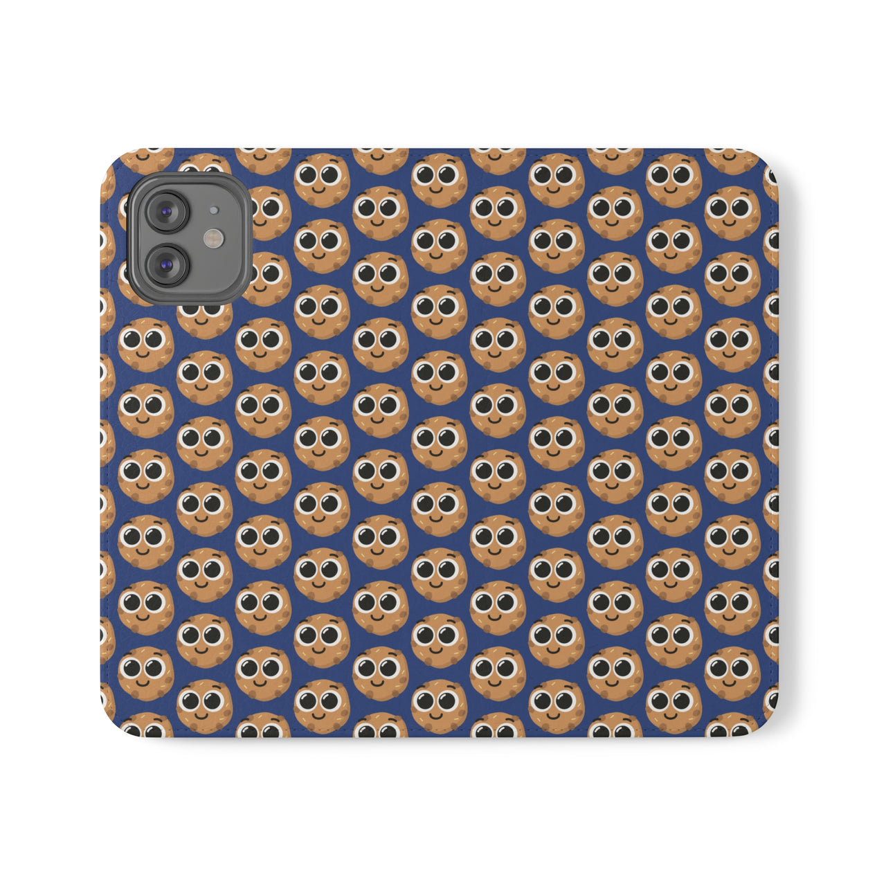 Close-up of the ChocoChip Delight Flip Phone Case featuring a cute repeating pattern of cartoon-style cookies with large eyes on a blue background, crafted from premium faux vegan leather, with interior card slots and an elastic closure.