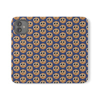 Thumbnail for Close-up of the ChocoChip Delight Flip Phone Case featuring a cute repeating pattern of cartoon-style cookies with large eyes on a blue background, crafted from premium faux vegan leather, with interior card slots and an elastic closure.