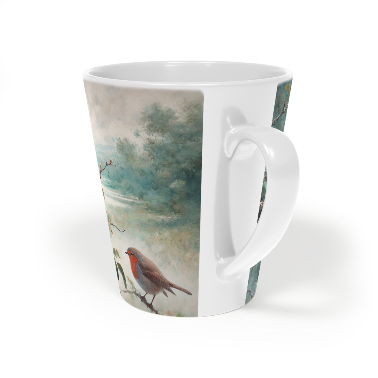 Ceramic mug featuring an illustration of three red robin birds perched on a branch surrounded by foliage, designed for bird lovers and nature enthusiasts, with a detailed, nature-inspired artwork.