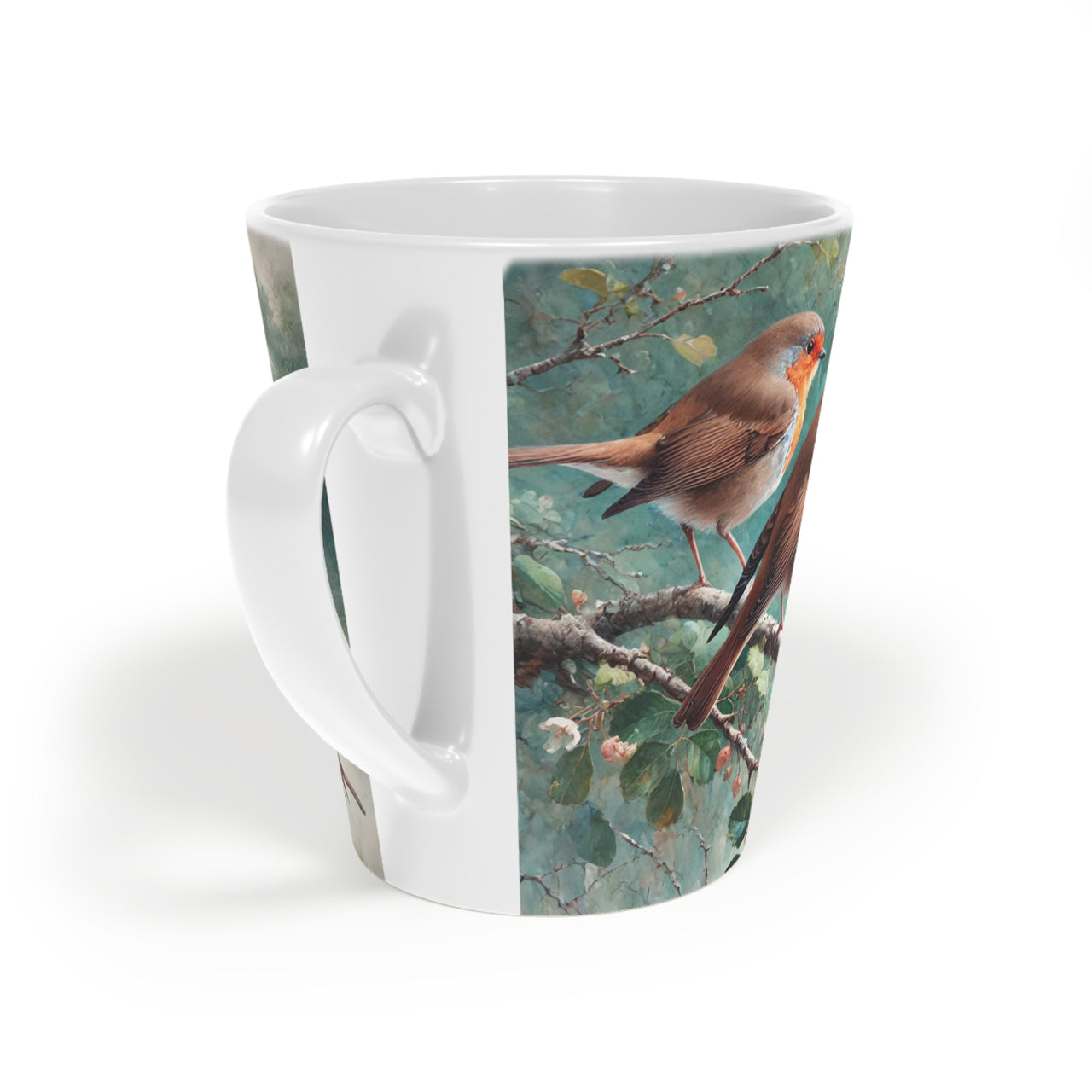 Ceramic mug featuring an illustration of three red robin birds perched on a branch surrounded by foliage, designed for bird lovers and nature enthusiasts, with a detailed, nature-inspired artwork.