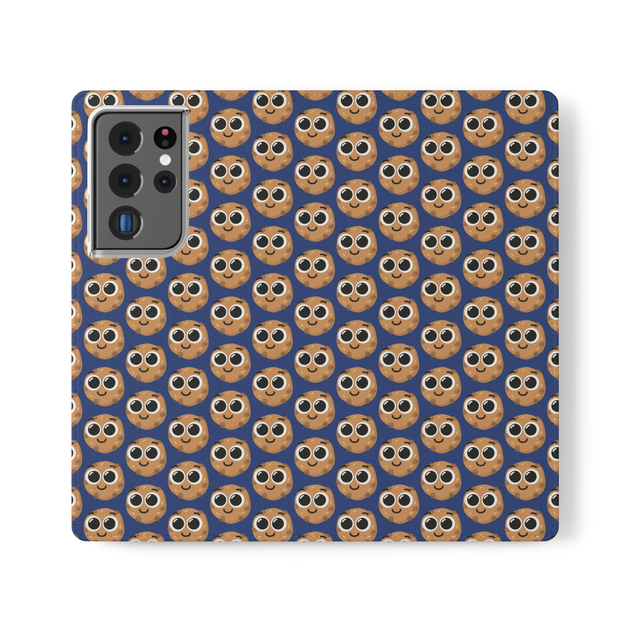 Close-up of the ChocoChip Delight Flip Phone Case featuring a cute repeating pattern of cartoon-style cookies with large eyes on a blue background, crafted from premium faux vegan leather, with interior card slots and an elastic closure.