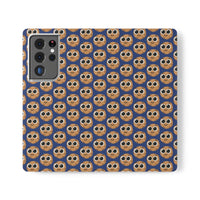 Thumbnail for Close-up of the ChocoChip Delight Flip Phone Case featuring a cute repeating pattern of cartoon-style cookies with large eyes on a blue background, crafted from premium faux vegan leather, with interior card slots and an elastic closure.