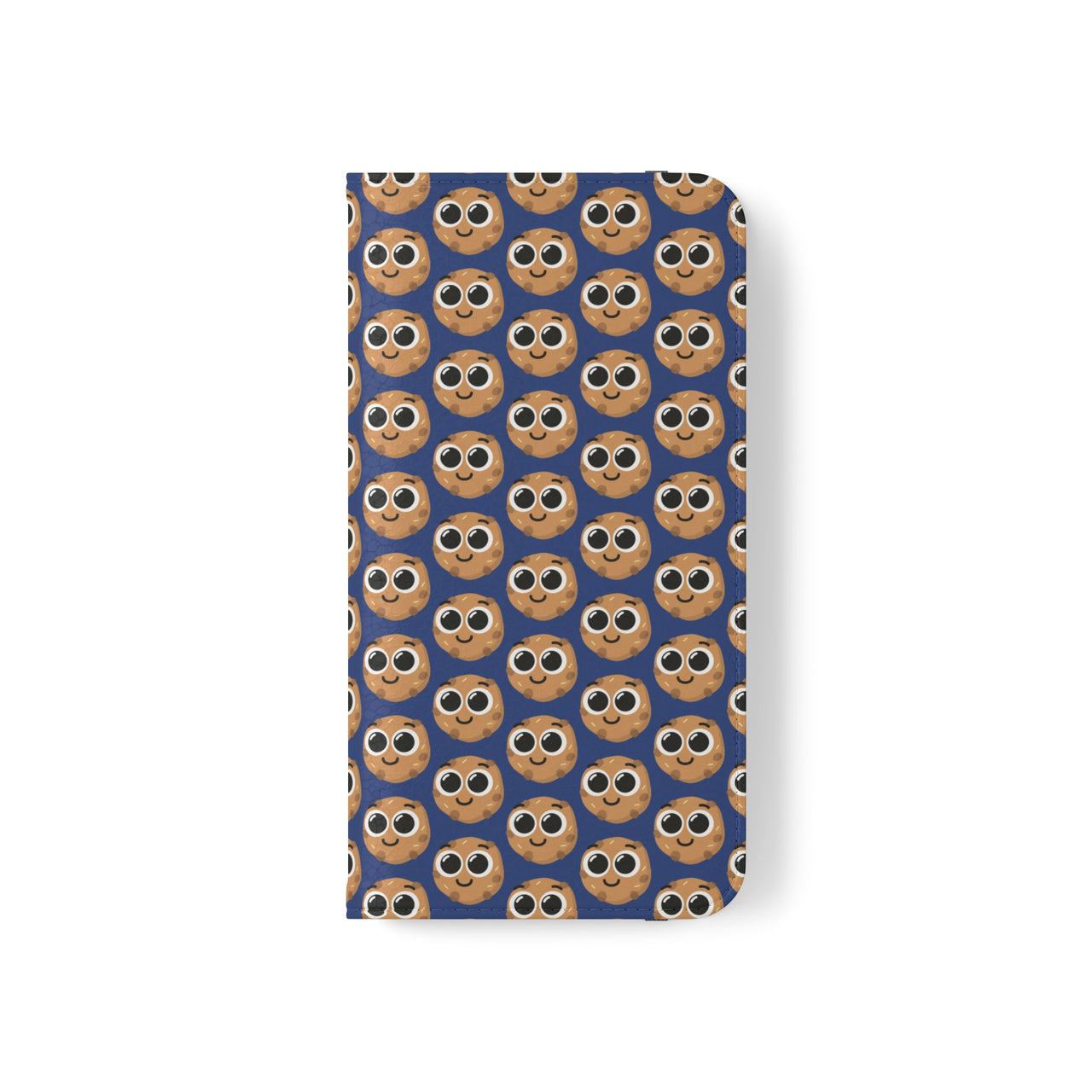 Close-up of the ChocoChip Delight Flip Phone Case featuring a cute repeating pattern of cartoon-style cookies with large eyes on a blue background, crafted from premium faux vegan leather, with interior card slots and an elastic closure.