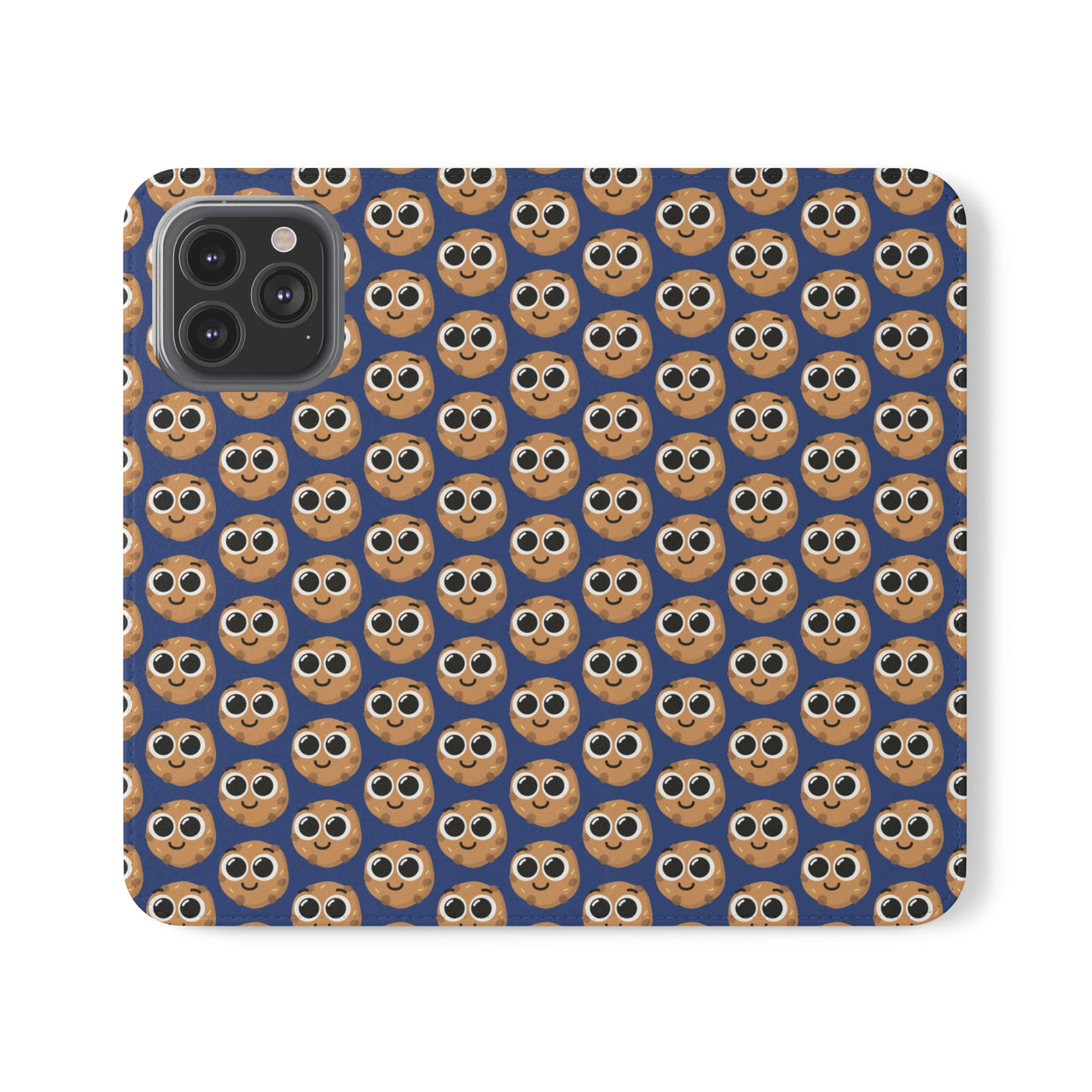 Close-up of the ChocoChip Delight Flip Phone Case featuring a cute repeating pattern of cartoon-style cookies with large eyes on a blue background, crafted from premium faux vegan leather, with interior card slots and an elastic closure.