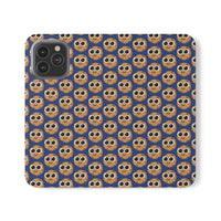 Thumbnail for Close-up of the ChocoChip Delight Flip Phone Case featuring a cute repeating pattern of cartoon-style cookies with large eyes on a blue background, crafted from premium faux vegan leather, with interior card slots and an elastic closure.